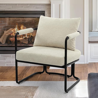 Single Accent Chair for Living Room, Mid Century Modern Upholstered Reading Armchair for Bedroom, Office, with Comfy Chenille Cushion & Metal Frame, Cream Beige