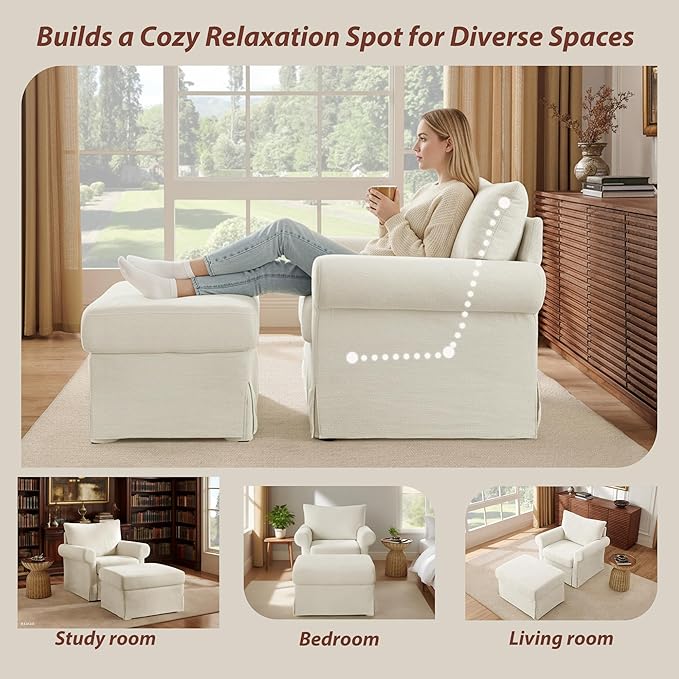 Modern Accent Chairs with Ottoman Set, Comfy Chenille Reading Armchair with Rolled Arms and Cushion Backrest, 35.8" W Single Living Room Chairs for Bedroom, Study, Apartment, Beige