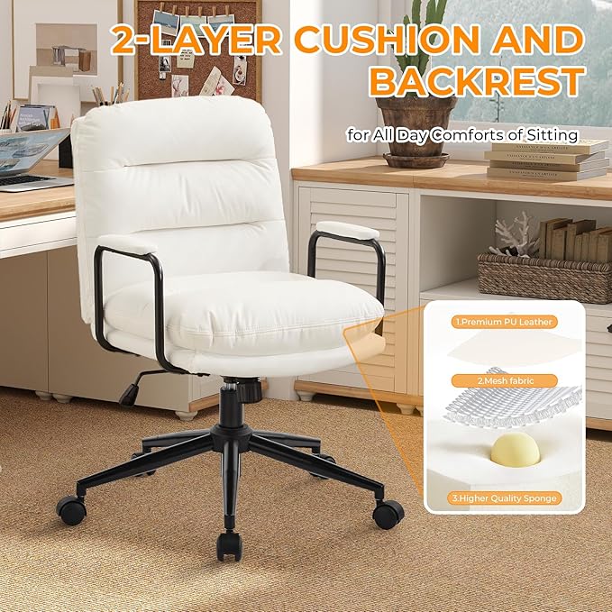 Furniliving Leather Home Desk Chair, Comfortable Executive Office Chair with Wheels, Ergonomic Computer Task Chair Adjustable Height, White