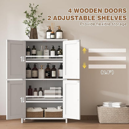 Nuturelly Bathroom Floor Storage Cabinet, Bathroom Organizers and Storage with Top Board & Metal Handles for Kitchen, White