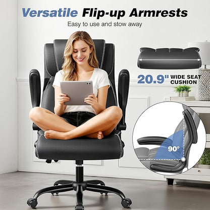 Ergonomic Office Chair - Desk Computer Chair, Leather High Back Executive Chairs with Adjustable Lumbar Support & Flip Up Arms, Rocking, Black