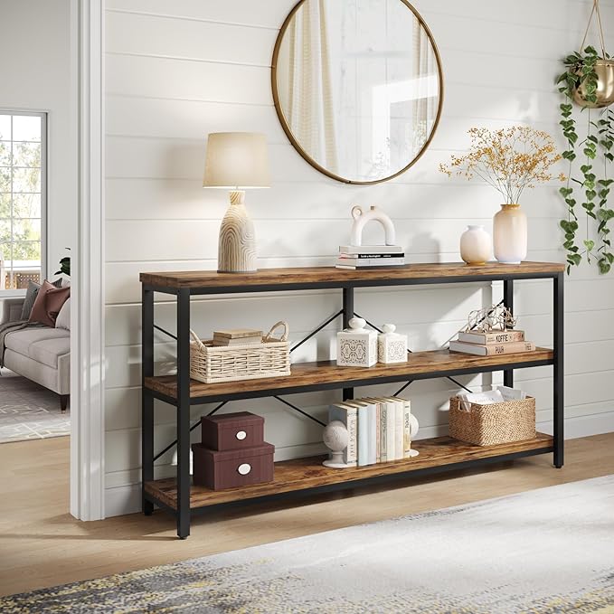 Tribesigns 55-Inch Industrial Sofa Table, 3-Tier Console Table with Metal Frame and Open Shelves, Modern Decorative Shelf, Open TV Shelf for Living Room, Entryway, Hallyway (Brown and Black)