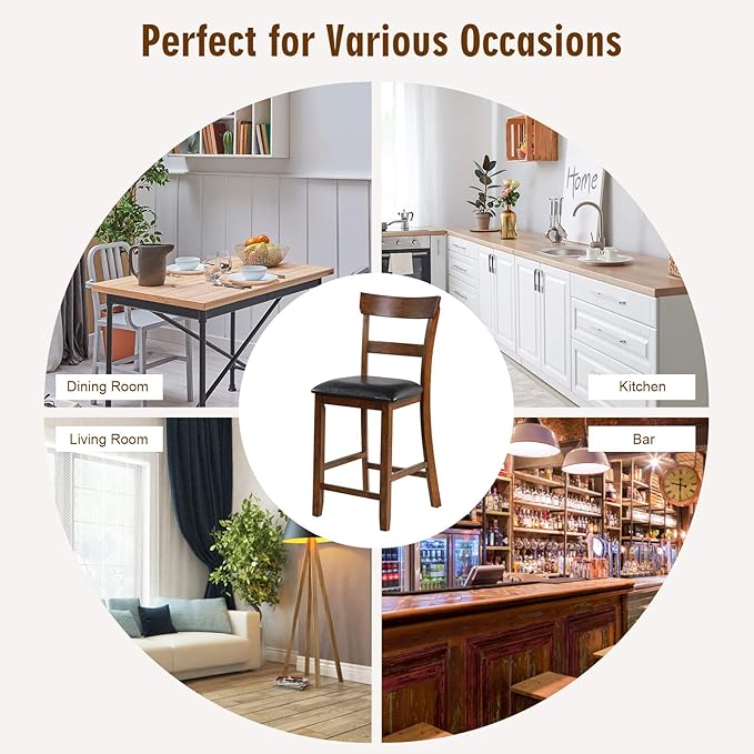 COSTWAY Counter Height Bar Stools Set of 4, 25.5 Inch Mid Century Modern Wooden High-top Chairs with Backrest, Rubber Wood Legs, Faux Leather Seat, Farmhouse Barstools for Kitchen Island, Pubs