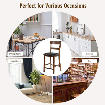 COSTWAY Counter Height Bar Stools Set of 4, 25.5 Inch Mid Century Modern Wooden High-top Chairs with Backrest, Rubber Wood Legs, Faux Leather Seat, Farmhouse Barstools for Kitchen Island, Pubs