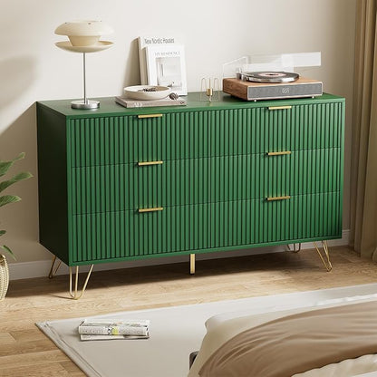 Green Dresser for Bedroom, Modern Dresser with Gold Metal Handles & Chests of Drawers for Bedroom, 15.7" D x 47.2" W x 29.5" H