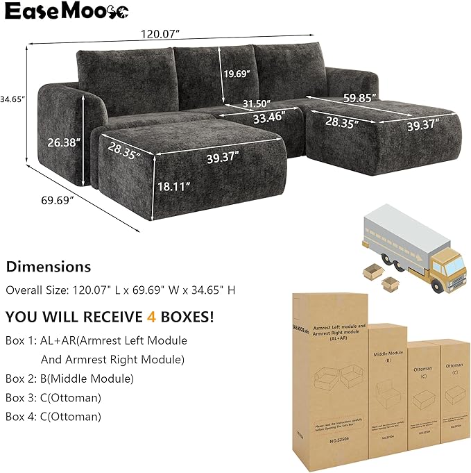 EASE MOOSE Cloud Couch Sectional Sofa, Large U-Shaped Oversized Modular Couch for Living Room, Minimalist Boneless Convertible Couches with Ottoman, 5-Seat Deep Sofa for Bedroom, Chenille (Dark Grey)