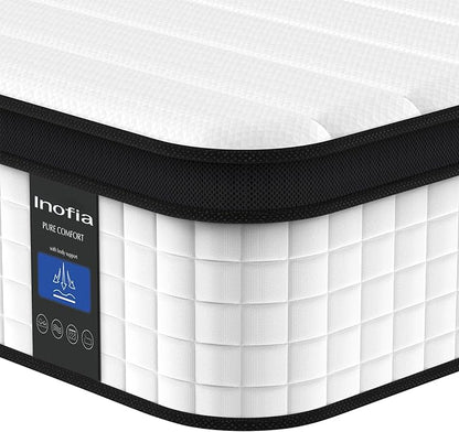 Inofia 12 Inch King Mattress, Hybrid Innerspring King Size Mattresses, Cool Bed with Breathable Soft Knited Fabric Cover, 101 Nights Trial