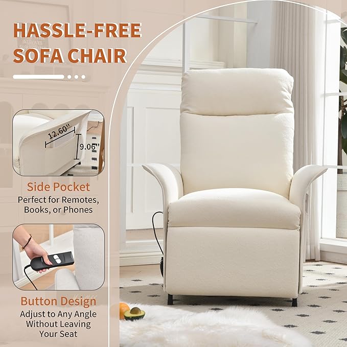 Power Recliner Chair, Adjustable Electric Recliner Chairs for Adults, Sleeper Sofa Bed with Remote Control & Side Pocket, Linen Upholstered Chair for Living Room/Bedroom, Easy Assembly, Beige