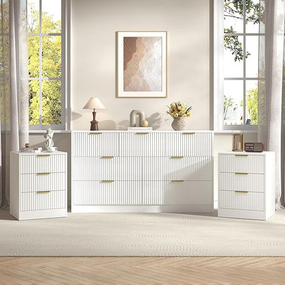 3-Piece Modern Bedroom Furniture Set, Wide 7-Drawer Dresser & 3-Drawer Nightstands Set of 2, Natural Wood Dresser and Nightstand Sets for Bedroom, Hallway, White