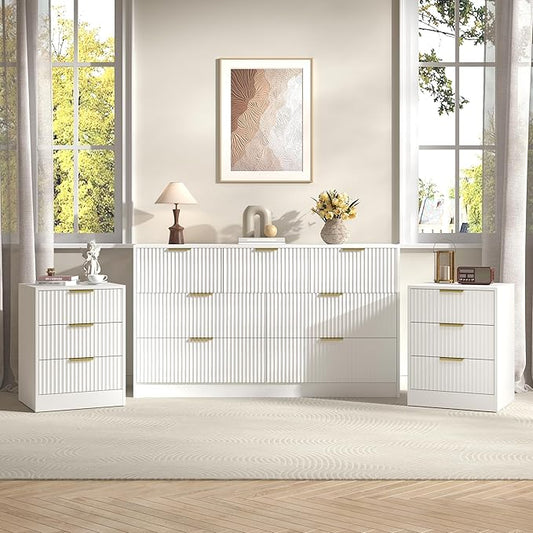 3-Piece Modern Bedroom Furniture Set, Wide 7-Drawer Dresser & 3-Drawer Nightstands Set of 2, Natural Wood Dresser and Nightstand Sets for Bedroom, Hallway, White