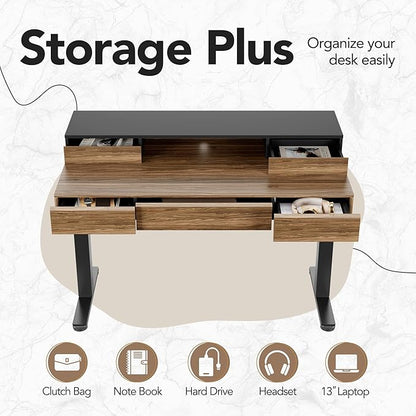 HUANUO Electric Standing Desk with Drawers, 48 Inches Height Adjustable Stand Up Desk with Monitor Shelf, Whole-Piece Board Computer Workstation with 4 Memory Height Settings, Black Walnut