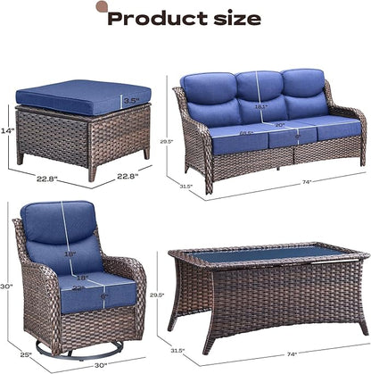Rilyson Wicker Outdoor Patio Furniture Set - 8 Piece Patio Conversation Sets with Swivel Rocker Chairs, Ottomans, Sofa and Coffee Table, 6 inch Cushions, Deep Seating, for Porch Deck Brown/Blue