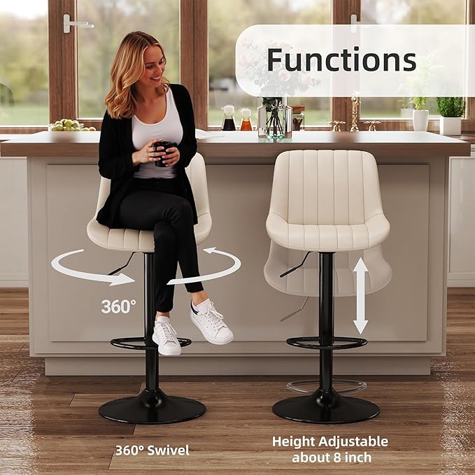 Youhauchair Bar Stools Set of 4, Swivel Counter Height Barstools with Back, Adjustable PU Leather Bar Chairs, Modern Armless Kitchen Island Stool, Beige