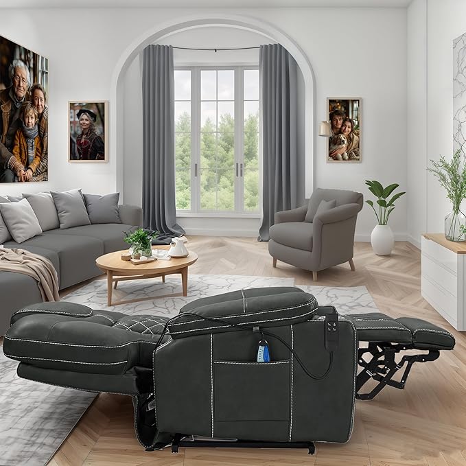 Power Lift Recliner for Seniors: 9988 High Density Foam Lift Chair With Heat and Massage, Reclining To 180, 2 Pockets Cup Holders, 2 Remote Controls, Dual OKIN Motors - Breathable Leather Gray