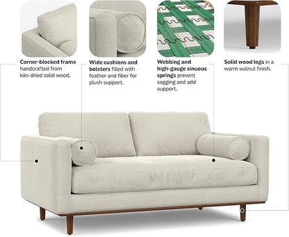 SIMPLIHOME Morrison 72-inch Wide Sofa in Cream White Woven-Blend Fabric, Handcrafted Mid-Century Modern Loveseat for Living Room or Family Room, Single Bench Cushion, Bolster Pillows