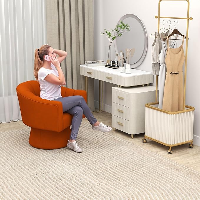 Swivel Accent Chair,Upholstered Velvet 360° Swivel Barrel Chair for Living Room Overstuffed Bouncle Reading Chair Round Armchair for Bedroom,Vanity,Office(Orange)