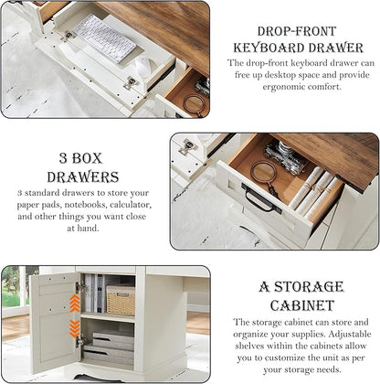 RedLemon 60" Farmhouse Executive Desk with Drawers, Wood Home Office Desk w/Charging Station, Keyboard Tray, File Drawer, Storage Cabinet, Rustic Computer Writing Desk (Antique White)