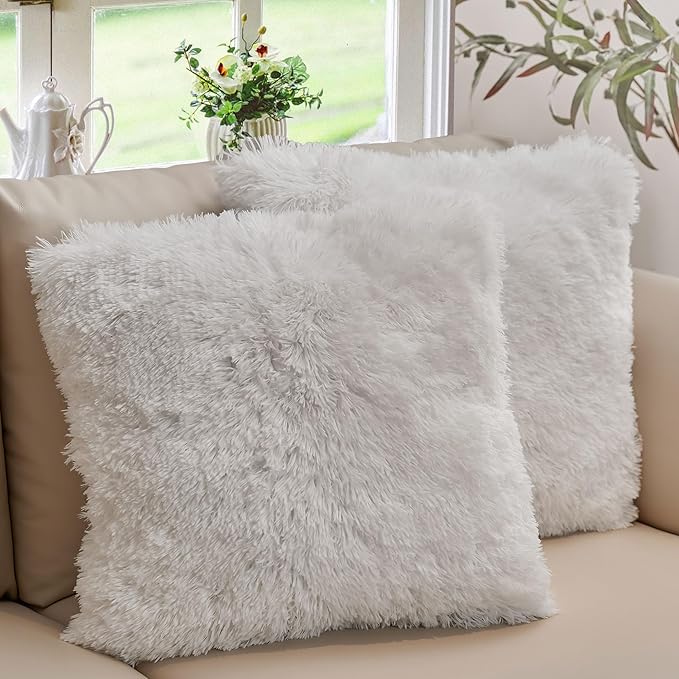 Cheer Collection Throw Pillows for Couch and Bed, Soft Shaggy Throw Pillows with Inserts Included, Cozy Long Hair Faux Fur Pillows - Set of 2-26" x 26" White