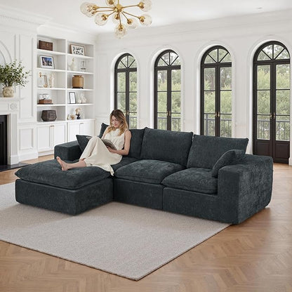 108" Sectional Couches for Living Room Boneless Couch Upholstered Cloud Couch Sectional Modular Sectional Sofa with L Shaped (Chenille-Blue, 3 Seat+1 Ottoman)
