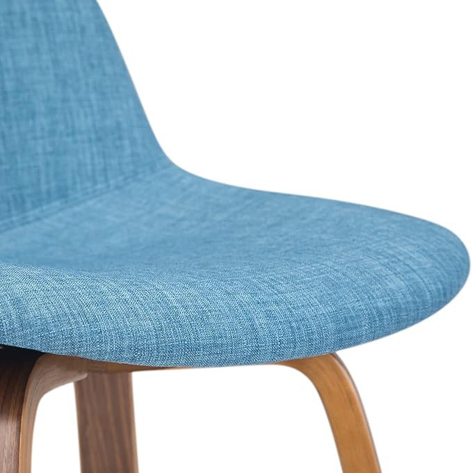 SIMPLIHOME Randolph Counter Stools (Set of 2) - 28 Inch Seat Height Upholstered Bentwood Kitchen Seats in Medium Blue Linen Look Fabric, Mid Century Modern Seating with Curved Backrest and Footrest