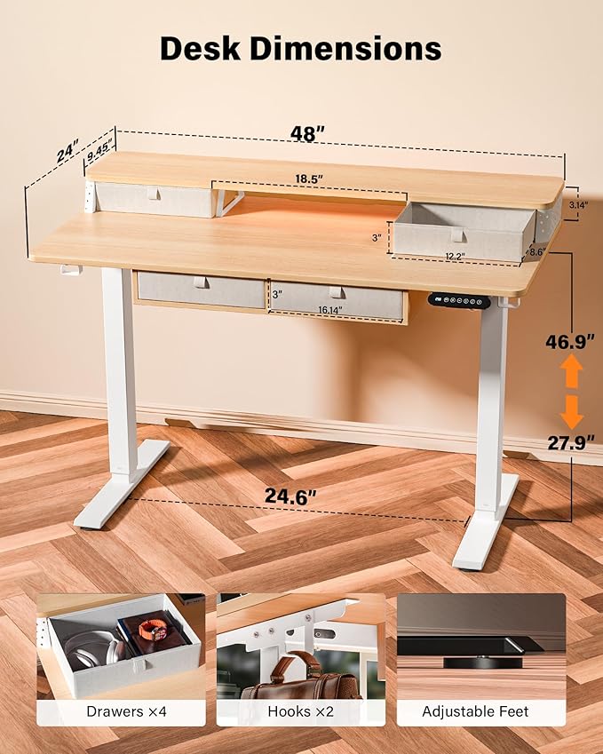 FiCiHi Adjustable Height Standing Desk with 4 Drawers,48 x 24 inches Electric Sit Stand Home Office Desk with Two Tiers, 3 Memory Presets, Monitor Stand Riser