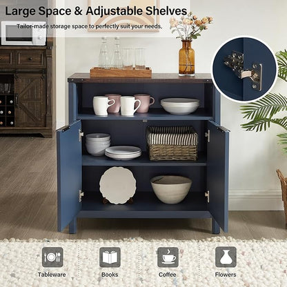 Buffet Cabinet with Storage - Modern Farmhouse Rustic 32 Fluted Sideboard Storage Cabinet Buffet with Adjustable Shelves, Coffee Wine Bar Organizer for Dining Room (Navy Blue)