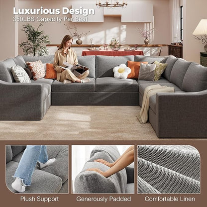 ABCASA Oversized 136" Modular Sectional Sofa, Deep Seat U Shaped Couches for Living Room, Breathable Linen Fabric Corner Couch, Easy to Assemble, Grey