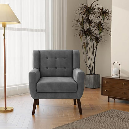 Accent Chair, Mid-Century Modern Velvet Fabric Chairs with Arms for Living Room, Comfy Upholstered Club Single Sofa Armchair for Bedroom Waiting Room with Solid Wood Frame (Velvet Grey, Set of 1)