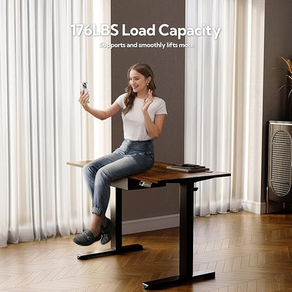 Seang Standing Desk with Drawer, 55" x 24" Height Adjustable Stand Up Desk, 3 Memory Height Settings with Cable Grommets & Storage Hooks, Ideal for Home & Office, Rustic Brown