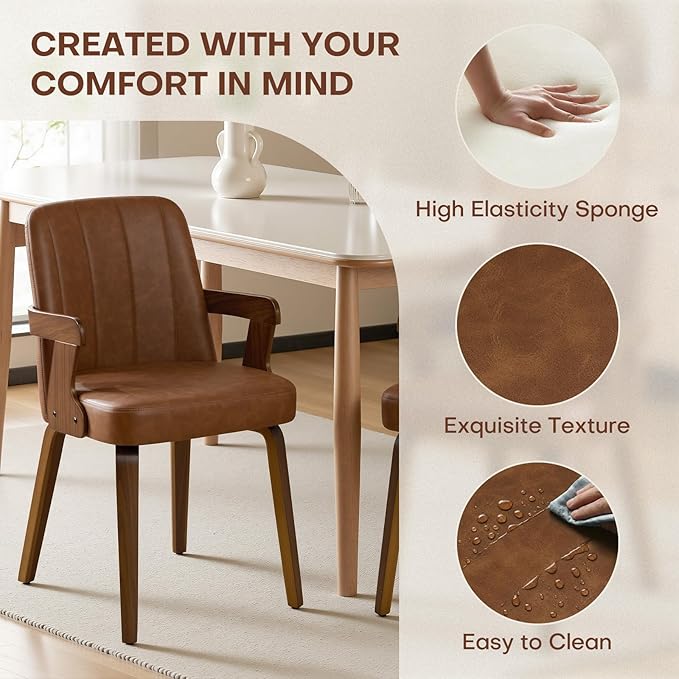 Kitchen Dining Chairs Set of 4, Faux Leather Upholstered Dining Room Chairs with Wood Arms and Legs, Mid Century Modern Kitchen Side Chair for Living, Bedroom, Restaurant, Walnut/Brown