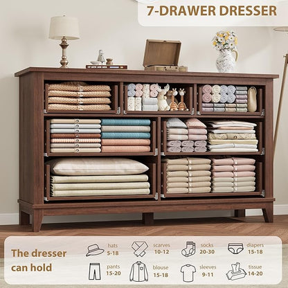 GarveeHome 7 Dresser for Bedroom, 54 in Wide Drawer Dresser with Storage Freestanding, Wooden Closet Storage Chest for Living Room, Bedroom, Entryway, Walunt