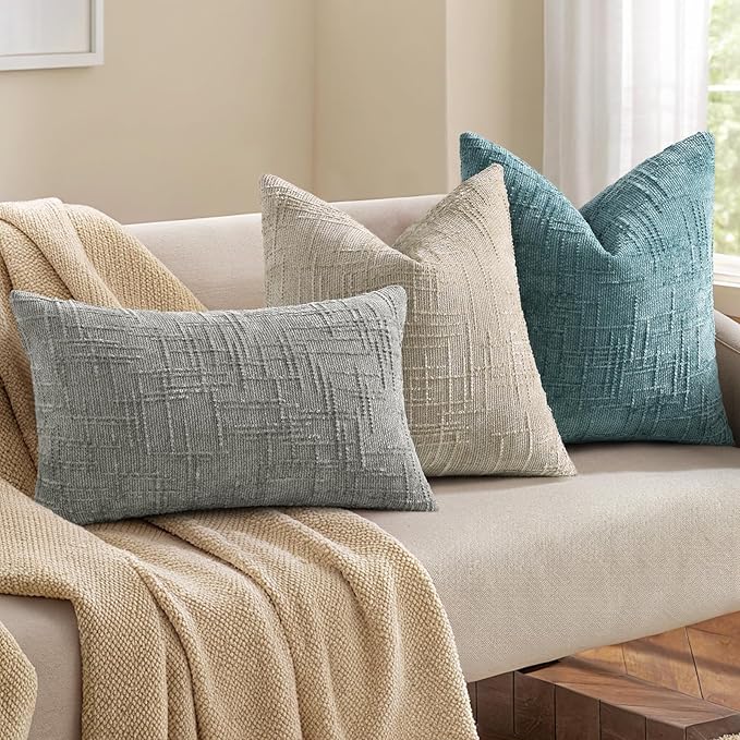 decorUhome Teal Chenille Throw Pillow Covers 24x24 Set of 2 Thick Textured Slubby Couch Pillow Covers Farmhouse Accent Modern Neutral Decorative Pillow Cases for Bed Sofa Living Room