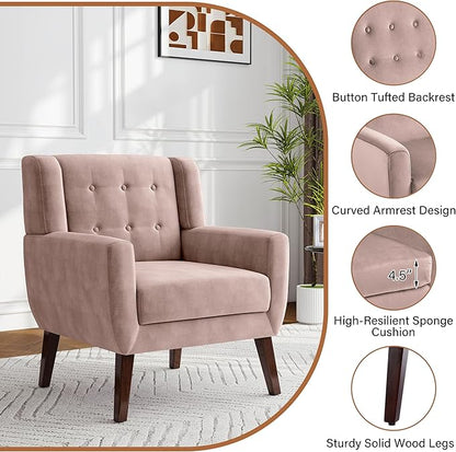 Lumibee Accent Chairs Set of 2, Velevet Fabric Armchairs for Living Room, Comfy Upholstered Arm Chairs Tufted for Indoor Bedroom Office Room (Pink Velvet)