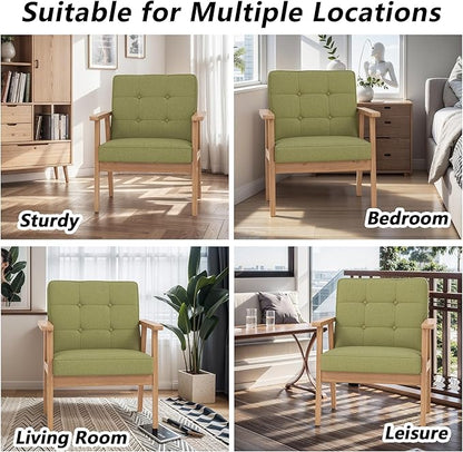 Modern Accent Chair with Wooden Table, Upholstered Linen Fabric Leisure Chair Comfy Side Chair with Backrest Button and Arm Rest for Living Room Bedroom Reading(Green)