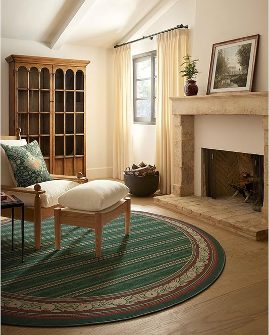 RUGGABLE x Morris & Co Machine Washable Area Rug – Fruit Stripe Spruce Green 6 ft Round, Stain-Resistant, Non-Slip – Medium Rugs for Living Room, Bedroom, Hallway, Entryway & Office–with Standard Pad