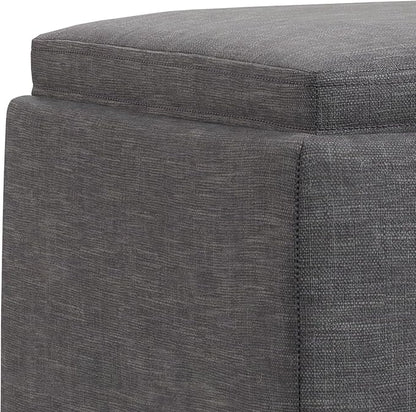 SIMPLIHOME Natasha 18 inch Wide Mid Century Square Mid Century Storage Ottoman with Tray in Slate Grey Polyester Linen, Assembled, For the Living Room, Entryway and Family Room