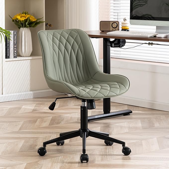 YOUNIKE Olive Green Comfy Home Office Desk Chair Small Vanity Chair with Wheels Swivel Adjustable Modern Task Chair with High Back Armless Cute Faux Leather Upholstered Rolling Sewing Chair Compact