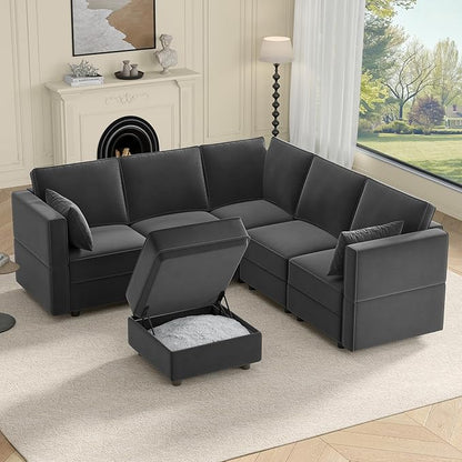 Vesgantti Sectional Couches with Storage Seats, 92" L Shaped Convertible Modular Sectional Sofa, 5 Seat & 1 Ottoman Velvet Storage Chaises Deep Seat Couch for Living Room, Bedroom, Apartment, Gray