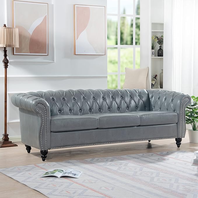 LEVNARY Chesterfield Sofa, Classic Tufted Upholstered Leather Couch, Modern 3 Seater Couch Furniture with Tufted Back for Living Room Office (Gray)