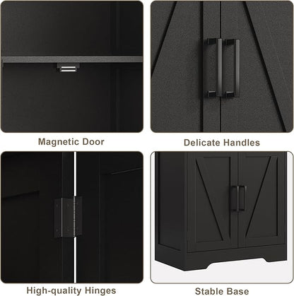 Treocho Bathroom Floor Cabinet, Farmhouse Bathroom Storage Cabinet with Doors and Adjustable Shelves, Freestanding Kitchen Pantry Cabinet, Cupboard for Living Room, Dining Room, Black