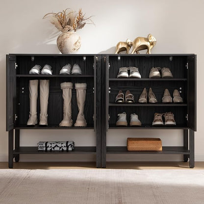 SICOTAS Rattan Shoe Storage Cabinet - 5 Tier Farmhouse Boho Shoe Storage Organizer Cabinet with Doors and Shelves, Tall Shoe Rack for Entryway, Hallway, Living Room, Closet (Obsidian)
