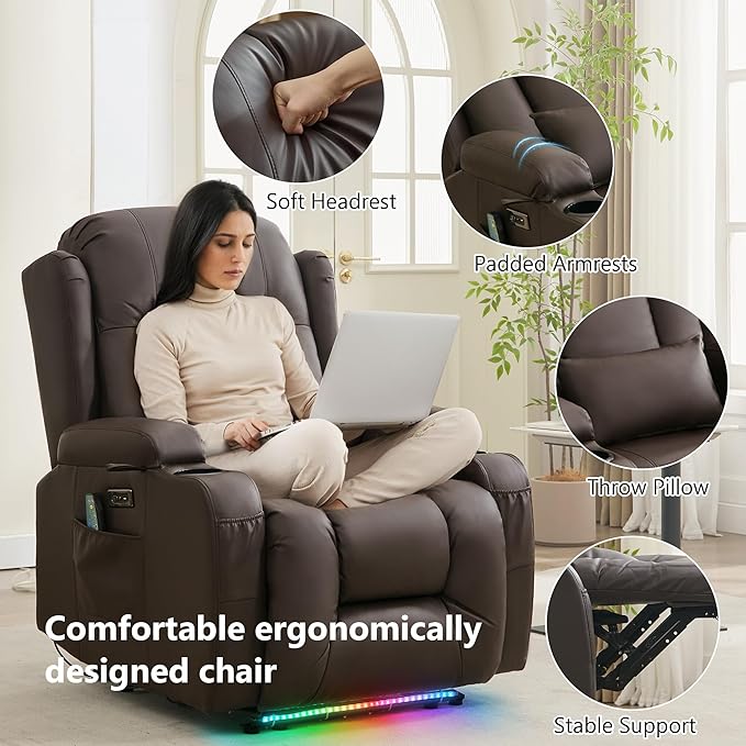 Power Recliner Chair with Heat and Massage, PU Leather Recliner Chair with Cup Holder, Reclining Sofa Home Theater Seating with LED Ambient Light, Side Pockets for Living Room and Bedroom, Brown