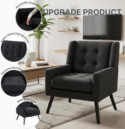 Mid-Century Modern Accent Chair, Plush Linen Fabric with Button Tufted High Back & 5" Thick Cushion, High Comfort Reading Chair for Living Room, Bedroom, Office (Black)