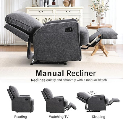 INZOY Manual Recliner with Thicker Backrest, Soft Fabric Manual Recliner with Overstuffed Cushion, Heavy Duty Reclining Sofa for Living Room Bedroom Apartment, Grey