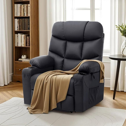 MCombo Power Lift Recliner Chair with Extended Footrest for Elderly People, Faux Leather 7287 (Black, Medium)