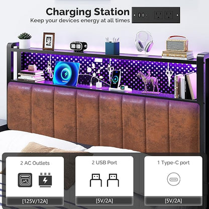 VINGLI Queen Size Headboard Only, Adjustable Upholstered Headboard with 2 Tier Shelves and Pegboard with Charging Stations and LED Lights, Modern Bed Headboard with Storage for Bedroom Decor
