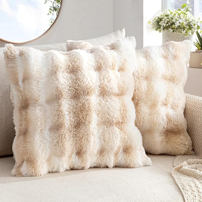 MIULEE Faux Fur Pillow Covers Thick Soft Plush Throw Pillows Luxury Home Decor for Couch Bed Bedroom Living Room Sofa,20x20 Inch Pack of 2 White-Beige