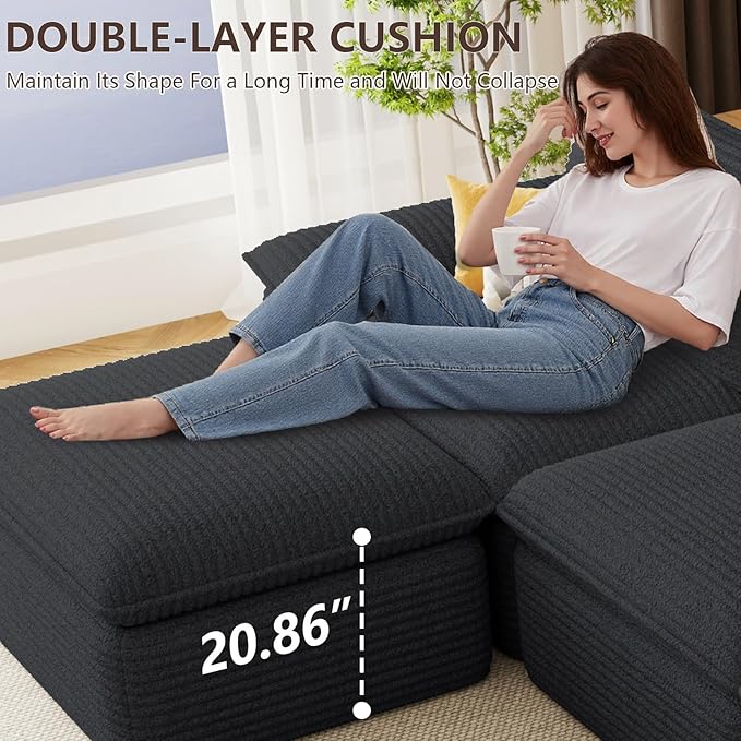 113.03" Sectional Couches for Living Room Modern Modular Sofa with U-Shape Couchs Upholstered Corduroy Boneless Couch Deep Seat Cloud Couch with Ottoman, No Assembly Required, Black