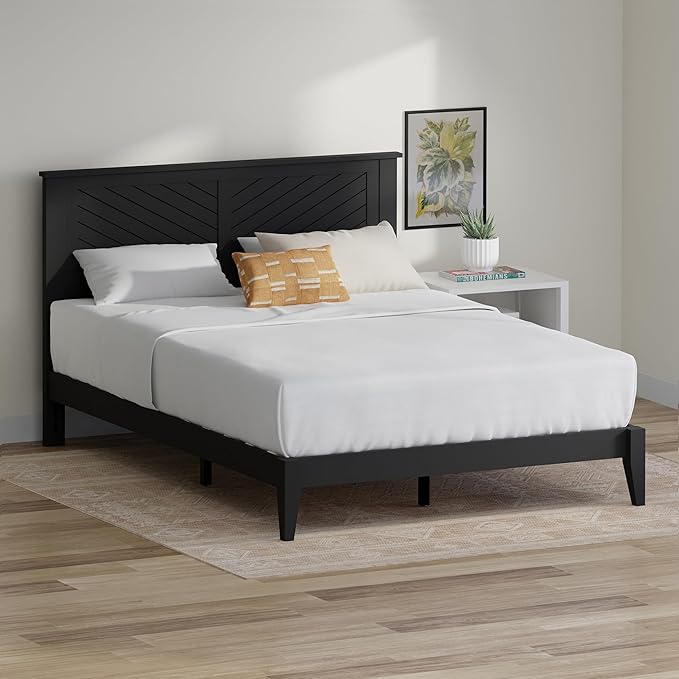 Serene Farmhouse Style Wood Bed in Full Size with Horizontal Scoring Headboard, Coastal Modern Design, Sturdy, Easy Assembly, Ample Underbed Storage, Black