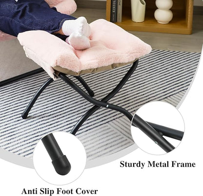 15"(H) Folding Ottoman, Foldable Footrest Stool, Portable Small Foot Stool for Couch, Collapsible Foot Rest Ottoman for Sofa, Accent Padded Ottomans for Living Room, Bedroom, Pink